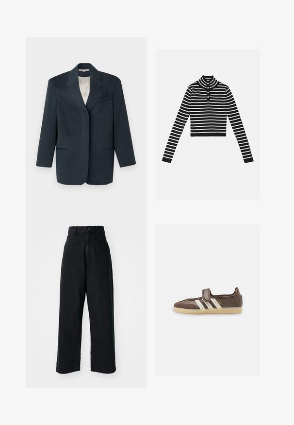 Blazer azul marino con solapas de muesca, un bolsillo en el pecho, dos bolsillos frontales y un forro interior suave. Ajuste estructurado con mangas largas.; Suéter corto a rayas blanco y negro con cuello alto y tapeta de tres botones. Presenta mangas largas y textura acanalada.; Jeans anchos de tiro alto en negro, con bolsillos frontales y cierre de botón, exhibidos sobre un fondo blanco liso.; Zapatilla baja marrón con tres rayas blancas, suela beige y una tira de velcro en la parte superior, con la etiqueta "SAMBA" en el lateral.
