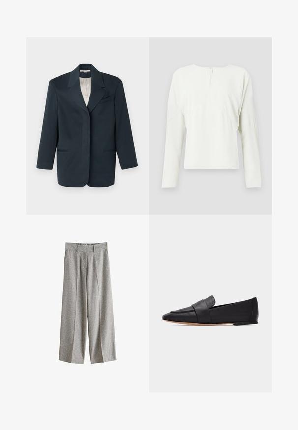 Blazer azul marino con solapas de muesca, un bolsillo en el pecho, dos bolsillos frontales y un forro interior suave. Ajuste estructurado con mangas largas.; Blusa blanca de manga larga con cuello redondo y cremallera en la parte posterior. Presenta un corte holgado y detalles de costura sutiles, fabricada en una tela suave.; Pantalones grises de lana de pierna ancha con trabillas para cinturón, pliegues delanteros y bolsillos laterales, presentados sobre un fondo blanco.; Mocasín plano de cuero negro con punta puntiaguda, banda ancha en la parte frontal y suela marrón clara, mostrado de perfil sobre fondo blanco.