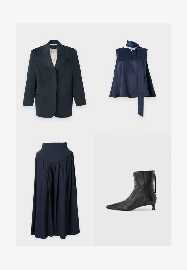 Marineblazer med klapkrave, enkelt brystlomme, to frontlommer og en glat inderside. Struktureret pasform med lange ærmer.; Marine satin top uden ærmer med en nøglehulldetalje, flydende design og et langt bånd til at binde om halsen, med blød tekstur og elegant fald.; Mørk marineblå lang nederdel med høj talje, bredt taljebånd og bløde plisseringer, der flyder til en fuldlængde.; Sort læderankelstøvle med spids tå, struktureret form og lav hæl. Har en sidesyning og minimalistisk design.