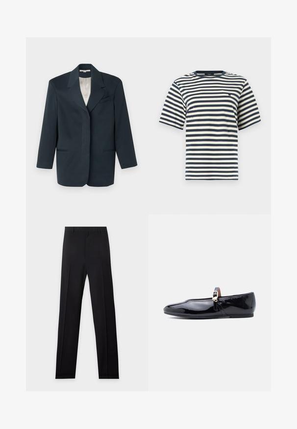 Blazer azul marino con solapas de muesca, un bolsillo en el pecho, dos bolsillos frontales y un forro interior suave. Ajuste estructurado con mangas largas.; Camiseta de manga corta con cuello redondo, con rayas horizontales en azul marino y blanco, y un pequeño logo negro bordado en el pecho.; Pantalones formales negros a medida con trabillas para cinturón, piernas rectas y pliegues planchados en la parte delantera sobre un fondo gris claro.; Zapato plano de ballet de charol negro con punta puntiaguda y una sola correa sobre el empeine con detalle de hebilla en tono dorado.