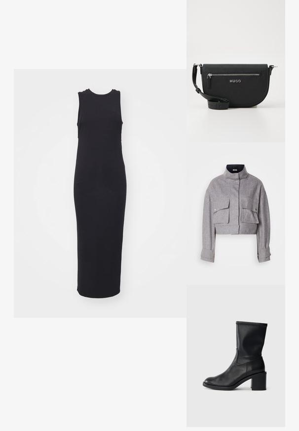 Grijze cropped jas met hoge kraag, twee voorflapzakken met drukknoopsluitingen en lange mouwen met manchetdetails.; Zwarte, mouwloze maxi-jurk gemaakt van zachte stof. Voorzien van een ronde halslijn en een getailleerd silhouet, met zijsplitten voor bewegingsvrijheid.; Zwarte leren enkellaars met een ronde neus, een gladde textuur en een chunky hak, met een strak schacht en subtiele stiksels.; Zwarte leren schoudertas met een ronde vorm, zilveren ritszak en een merkembleem. Beschikt over een verstelbare schouderband voor veelzijdigheid.
