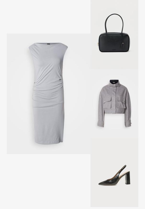 Chaqueta gris corta con cuello alto, dos bolsillos frontales con solapa y botón a presión, y mangas largas con detalles en los puños.; Vestido midi gris de punto con escote relajado, lados drapeados y silueta ajustada. Textura suave con un acabado liso y aberturas laterales.; Zapato slingback de piel negra con puntera puntiaguda, tacón alto y ancho, y forro interior beige sobre un fondo claro y liso.; Bolso rectangular negro con asas dobles redondeadas, cremallera dorada y logo "HUGO" en relieve en el frente con etiqueta de cuero adjunta.