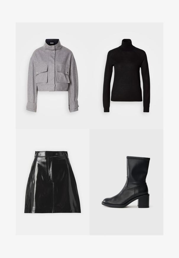 Veste grise courte avec col montant, deux poches avant à rabat avec boutons-pression, et manches longues avec détails de poignet.; Pull à col roulé noir en tissu tricot léger. Avec des manches longues et une silhouette ajustée dotée de coutures raglan.; Jupe mini en simili cuir noir avec une finition brillante, présentant une taille structurée, une poche frontale et un subtil détail de logo.; Botte en cuir noir à cheville avec un bout rond, texture lisse et un talon épais, présentant un tige ajustée et un subtil détail de couture.