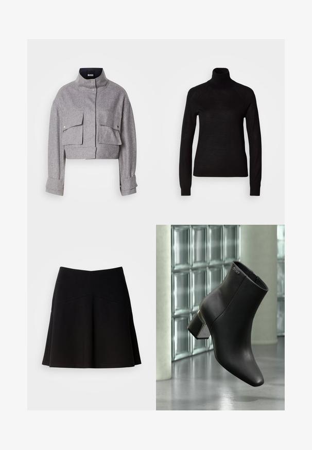 Chaqueta gris corta con cuello alto, dos bolsillos frontales con solapa y botón a presión, y mangas largas con detalles en los puños.; Suéter negro de cuello alto hecho de un tejido de punto ligero. Presenta mangas largas y una silueta ajustada con costuras raglán.; Falda negra acampanada hecha de una tela suave, con una cinturilla ajustada y detalles en las costuras. Textura suave con un diseño simple y clásico.; Botín de cuero negro con tacón cuadrado, logo DKNY cerca de la parte superior, exhibido frente a una pared de bloques de vidrio y suelo de hormigón pulido.