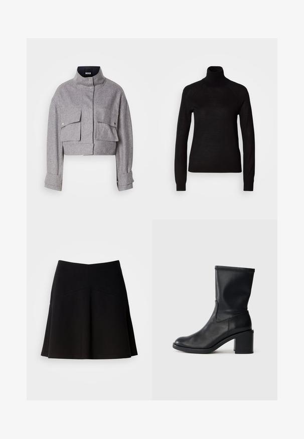 Grijze cropped jas met hoge kraag, twee voorflapzakken met drukknoopsluitingen en lange mouwen met manchetdetails.; Zwarte coltrui gemaakt van een lichte gebreide stof. Beschikt over lange mouwen en een aansluitende snit met raglan naden.; Zwarte klokrok van zacht stof, met een strakke tailleband en naaddetails. Glad textuur met een eenvoudig, klassiek ontwerp.; Zwarte leren enkellaars met een ronde neus, een gladde textuur en een chunky hak, met een strak schacht en subtiele stiksels.
