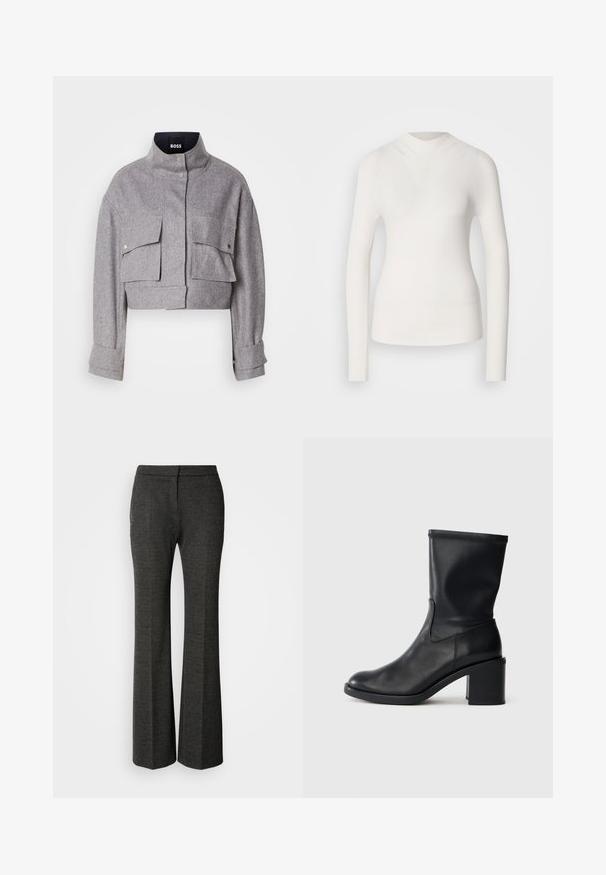 Chaqueta gris corta con cuello alto, dos bolsillos frontales con solapa y botón a presión, y mangas largas con detalles en los puños.; Top blanco de manga larga con un cuello alto, textura acanalada y diseño ajustado. Presenta un aspecto sin costuras y una sutil forma de V en la parte delantera.; Pantalones acampanados grises fabricados en tela texturizada. Presentan una parte delantera plana, una silueta entallada y un sutil patrón de espiga en toda su extensión.; Botín negro de cuero hasta el tobillo con punta redonda, textura suave y tacón grueso, que presenta un eje ajustado y un sutil detalle de costura.