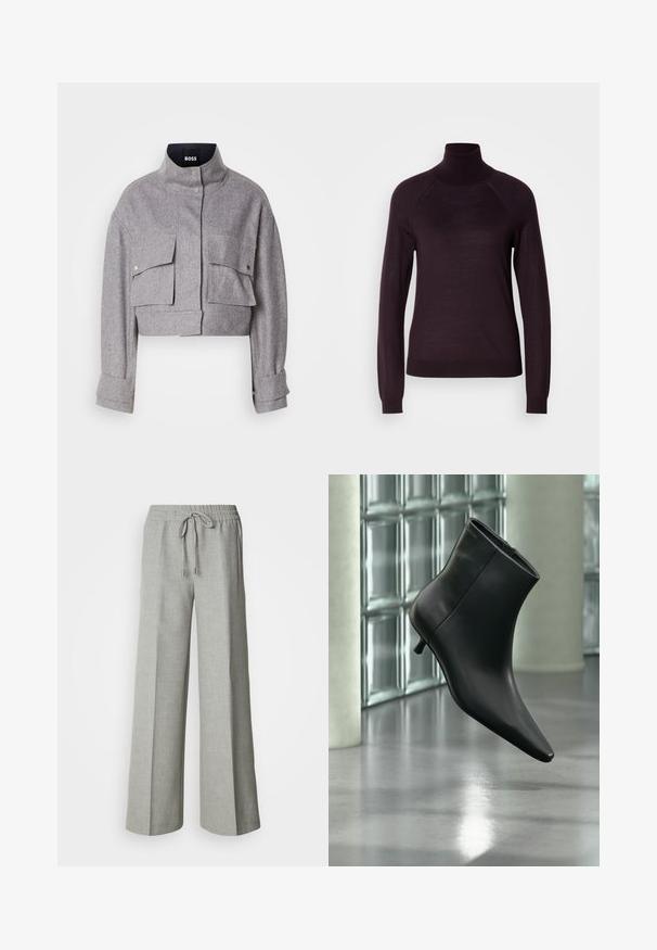Grau verkürzte Jacke mit hohem Kragen, zwei vorderen Klappentaschen mit Druckknöpfen und langen Ärmeln mit Manschettendetails.; Dunkellila Rollkragenpullover mit langen Ärmeln, gerippten Bündchen und einer weichen Textur; verfügt über Raglanärmel und ein enganliegendes Design.; Hellgraue Hosen mit weitem Bein, elastischem Bund und Kordelzug, Fronttaschen und einem dezenten strukturierten Stoff.; Schwarzer Leder-Stiefelette mit spitzer Zehenpartie und niedrigem Kitten-Heel, schräg dargestellt vor einem polierten Boden und einer Glasbausteinwand.