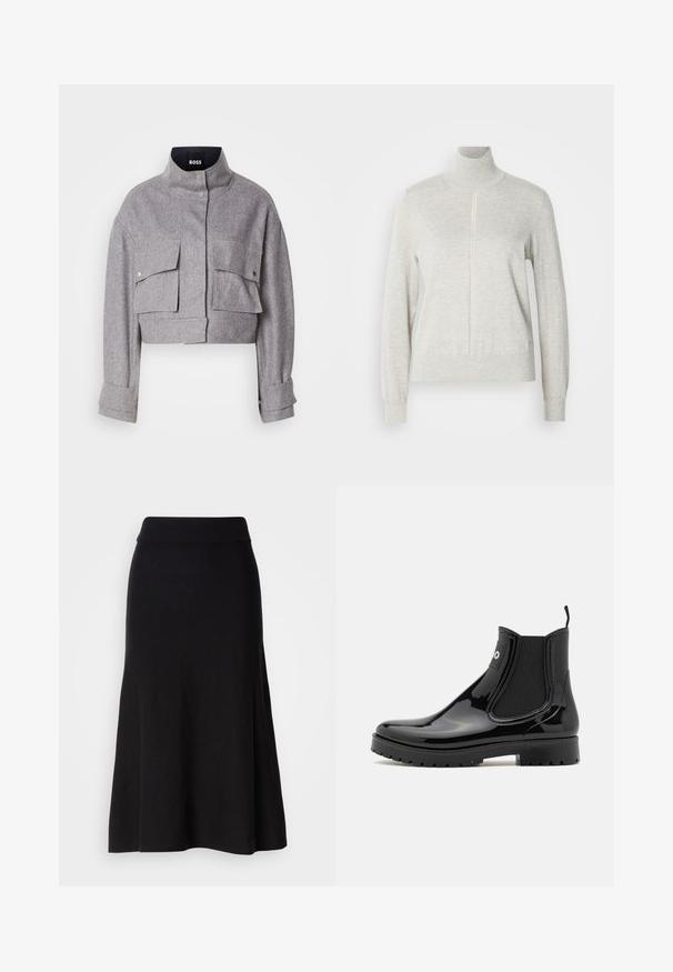 Chaqueta gris corta con cuello alto, dos bolsillos frontales con solapa y botón a presión, y mangas largas con detalles en los puños.; Suéter gris claro con un cuello alto y cremallera de un cuarto. Fabricado con un material suave y texturizado, cuenta con mangas largas y un dobladillo ajustado.; Falda de punto negra acampanada con una cinturilla ancha, de longitud midi, textura suave y sin patrones visibles ni detalles de hardware.; HUGO TABITA - Botas de agua - black