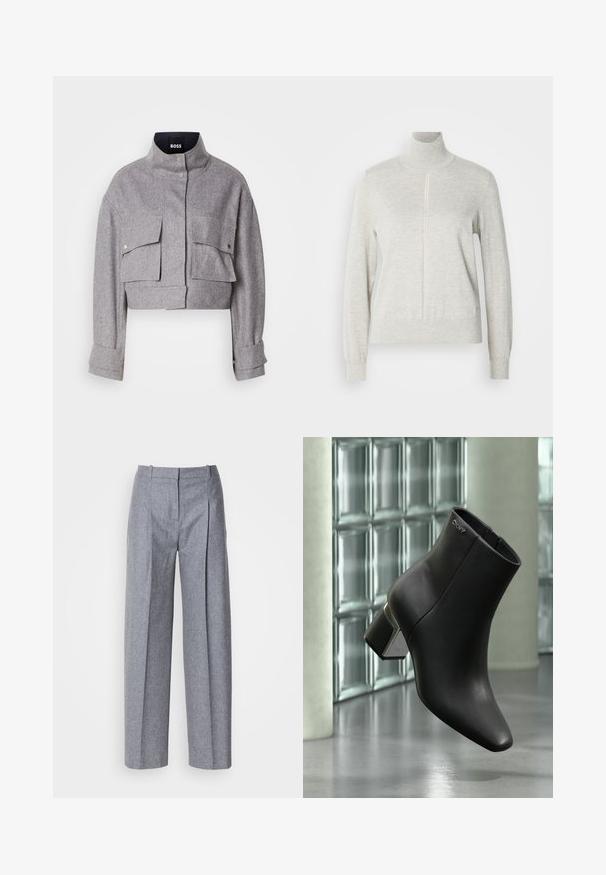 Grijze cropped jas met hoge kraag, twee voorflapzakken met drukknoopsluitingen en lange mouwen met manchetdetails.; Lichtgrijze trui met een hoge kraag en een kwart rits. Gemaakt van een zacht, gevarieerd materiaal, met lange mouwen en een strakke zoom.; Lichtgrijze wijdluwe broeken van een gestructureerde stof, met plooien aan de voorkant en een fijne taille. Minimalistisch ontwerp, zonder zichtbare hardware.; Zwarte leren enkellaars met blokhak, DKNY-logo nabij de bovenkant, getoond tegen een glazen blokmuur en gepolijste betonvloer.