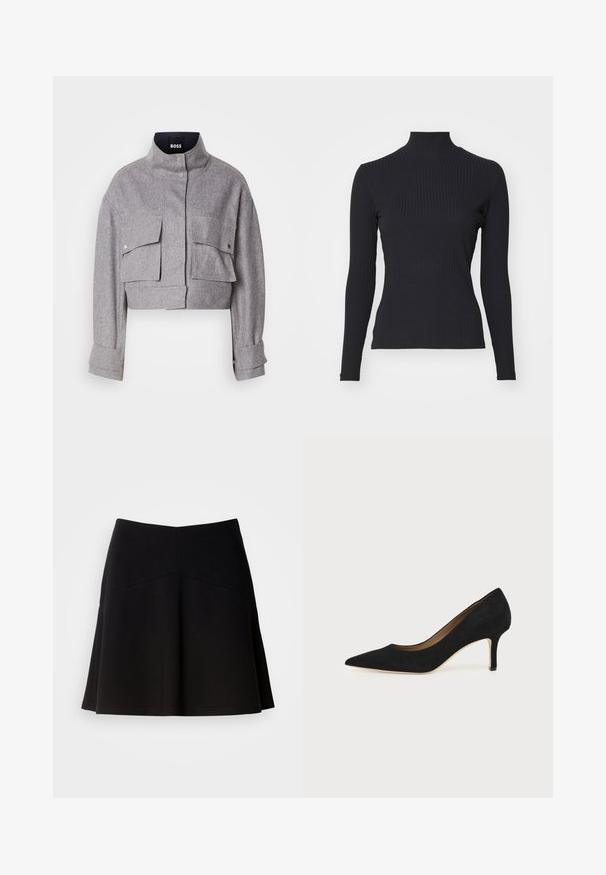 Grijze cropped jas met hoge kraag, twee voorflapzakken met drukknoopsluitingen en lange mouwen met manchetdetails.; Zwarte geribde coltrui met lange mouwen. Gemaakt van rekbare stof met een getailleerde pasvorm en hoge kraag. Eenvoudig ontwerp zonder versieringen.; Zwarte klokrok van zacht stof, met een strakke tailleband en naaddetails. Glad textuur met een eenvoudig, klassiek ontwerp.; Zwarte suède pumps met spitse neus, een slanke middenhoge naaldhak en een laag uitgesneden ontwerp op een effen achtergrond.