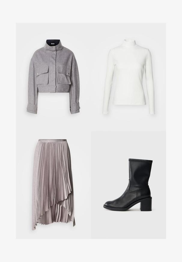Veste grise courte avec col montant, deux poches avant à rabat avec boutons-pression, et manches longues avec détails de poignet.; Haut col roulé blanc à côtes avec des manches longues, fabriqué en tissu extensible. Présente un design ajusté et un encolure haute pour plus de couverture.; Jupe plissée asymétrique mauve clair avec ceinture en satin et ourlet en cascade superposé, sur fond uni.; Botte en cuir noir à cheville avec un bout rond, texture lisse et un talon épais, présentant un tige ajustée et un subtil détail de couture.