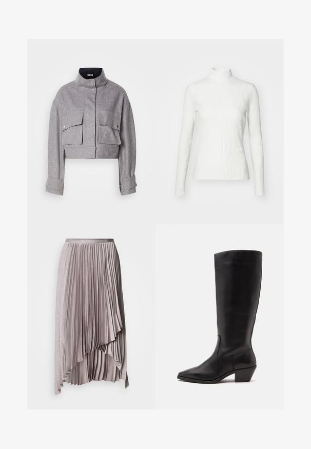 Grau verkürzte Jacke mit hohem Kragen, zwei vorderen Klappentaschen mit Druckknöpfen und langen Ärmeln mit Manschettendetails.; Weißes geripptes Turtleneck-Oberteil mit langen Ärmeln, aus elastischem Stoff. Verfügt über ein enganliegendes Design und einen hohen Kragen für zusätzlichen Schutz.; Heller malvenfarbener, asymmetrischer Faltenrock mit Satinbund und mehrlagigem, kaskadenförmigem Saumdetail vor einfachem Hintergrund.; Schwarzer Lederstiefel bis zur Wade mit spitzer Spitze und niedrigem schrägem Absatz vor einfachem hellem Hintergrund.