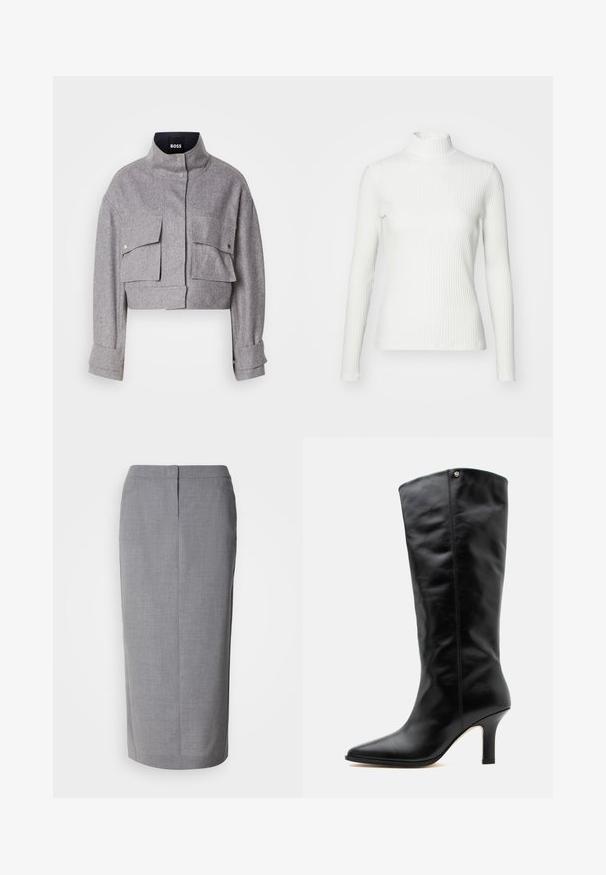 Grau verkürzte Jacke mit hohem Kragen, zwei vorderen Klappentaschen mit Druckknöpfen und langen Ärmeln mit Manschettendetails.; Weißes geripptes Turtleneck-Oberteil mit langen Ärmeln, aus elastischem Stoff. Verfügt über ein enganliegendes Design und einen hohen Kragen für zusätzlichen Schutz.; Grauer Bleistiftrock aus strukturiertem Stoff, mit gerader Schnittführung, Rückenschlitz und verdecktem Reißverschluss auf der Rückseite.; Schwarzer Lederstiefel bis zur Mitte der Wade mit spitzer Kappe und schlankem mittelhohem Absatz, mit kleinem metallicfarbenem Logo in der Nähe des oberen Randes.