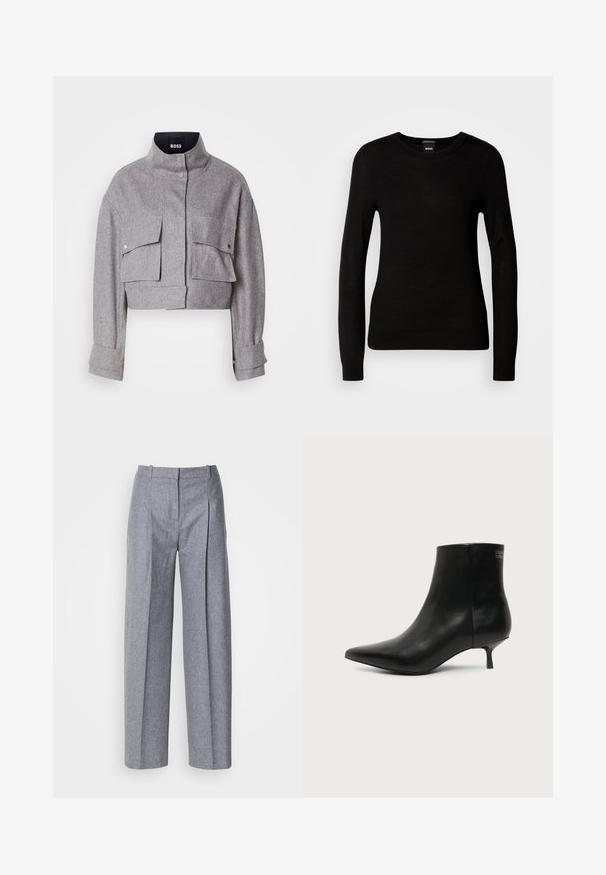 Chaqueta gris corta con cuello alto, dos bolsillos frontales con solapa y botón a presión, y mangas largas con detalles en los puños.; Suéter negro confeccionado en un material de punto fino, con cuello redondo y mangas largas con puños ajustados. Sin patrones ni adornos visibles.; Pantalones de pierna ancha color gris claro con una tela texturizada, que presentan pliegues en la parte delantera y una cintura entallada. Diseño minimalista, sin herrajes visibles.; Botín de piel negra con puntera puntiaguda y tacón bajo estilo kitten sobre fondo claro, mostrando vista lateral exterior.