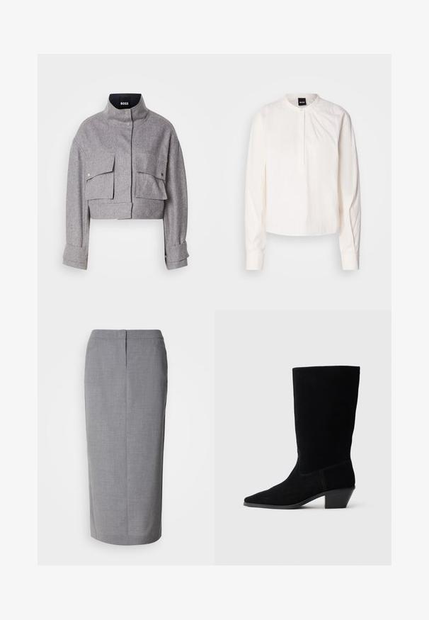 Veste grise courte avec col montant, deux poches avant à rabat avec boutons-pression, et manches longues avec détails de poignet.; Blouse blanche à manches longues avec un col rond et une patte de boutonnage, présentant des rayures verticales subtiles, affichée sur un fond uni.; Jupe crayon grise en tissu texturé, dotée d'une coupe droite, d'une fente au dos et d'une fermeture éclair dissimulée à l'arrière.; Bottine en daim noir avec un bout pointu, tige de hauteur moyenne et un talon épais. Présente des coutures minimales et une texture lisse.