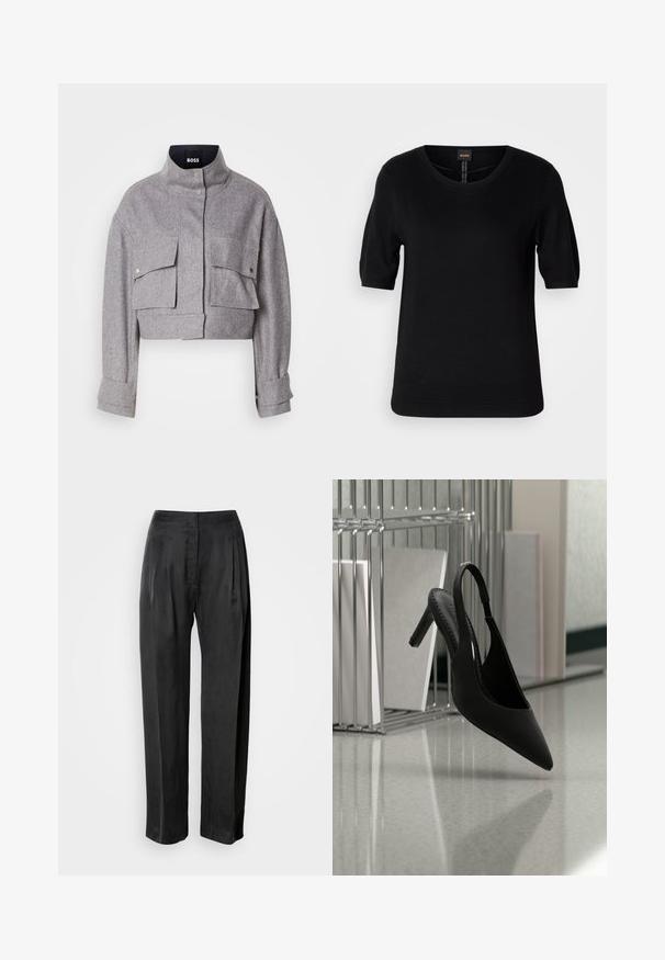 Grau verkürzte Jacke mit hohem Kragen, zwei vorderen Klappentaschen mit Druckknöpfen und langen Ärmeln mit Manschettendetails.; Schwarzes, kurzärmeliges Strickoberteil mit Rundhalsausschnitt, geripptem Saum und subtiler Textur, mit einem Logo-Tag in der Mitte auf der Rückseite.; Schwarze Hosen mit weitem Bein aus glattem Stoff, mit vorderen Falten, einem Reißverschluss und einem klassischen Bunddesign.; Schwarzer, spitz zulaufender Slingback-Pumps mit hohem Absatz, schwebt in der Luft über einem glänzenden Boden, im Hintergrund gestapelte Ordner.