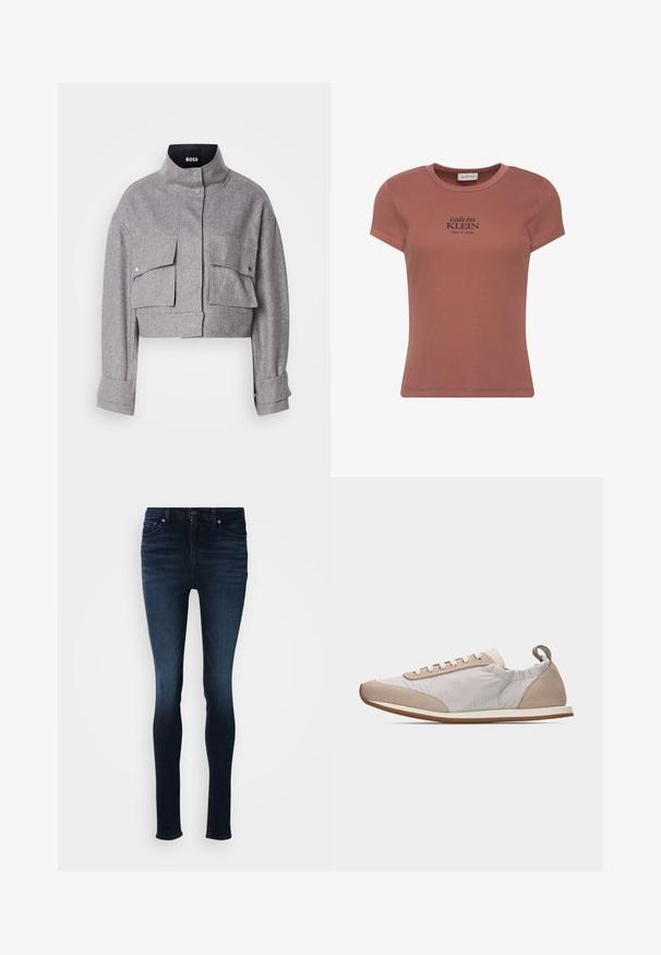 Grau verkürzte Jacke mit hohem Kragen, zwei vorderen Klappentaschen mit Druckknöpfen und langen Ärmeln mit Manschettendetails.; Kurzärmeliges, rostfarbenes Ripp-T-Shirt mit dem Aufdruck „calvin KLEIN NEW YORK“ in Schwarz auf der Brust.; Schlanke Jeans aus dunkelblauem Denim, mit mittelhohem Bund, Fünf-Taschen-Design und metallischem Knopfverschluss. Glatte Textur mit minimalen Ausbleichungen.; Hellbeiger Sneaker mit weißen Schnürsenkeln, Wildlederakzenten an Zehen und Ferse, weichen Stoffseiten und einer dünnen braunen Gummisohle, Seitenansicht.
