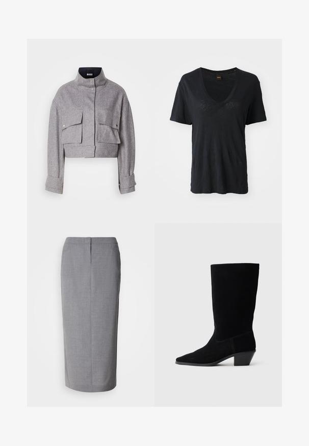 Grijze cropped jas met hoge kraag, twee voorflapzakken met drukknoopsluitingen en lange mouwen met manchetdetails.; Zwarte korte mouwen V-hals T-shirt van zachte stof, met een ontspannen pasvorm en subtiele textuurdetails aan de voorkant.; Grijze kokerrok van gestructureerde stof, met een rechte snit, een split aan de achterkant en een verborgen ritsluiting aan de achterkant.; Zwarte suede enkellaars met een spitse neus, een schacht van gemiddelde hoogte en een chunky hak. Heeft minimaal stikwerk en een gladde textuur.