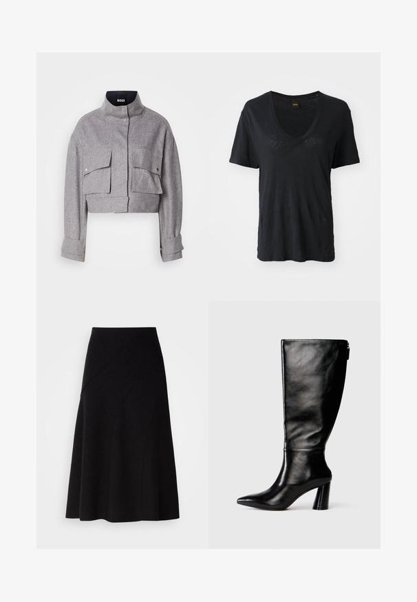 Chaqueta gris corta con cuello alto, dos bolsillos frontales con solapa y botón a presión, y mangas largas con detalles en los puños.; Camiseta negra de manga corta con cuello en V, hecha de una tela suave, con un corte holgado y un sutil detalle texturizado en la parte frontal.; Falda negra de lana en línea A con cintura de media altura, que presenta detalles de costuras diagonales y una textura suave, que cae justo por debajo de la rodilla.; Bota de cuero negro hasta la rodilla con punta afilada, textura suave y un tacón grueso. Presenta un detalle de cremallera en la parte de atrás.