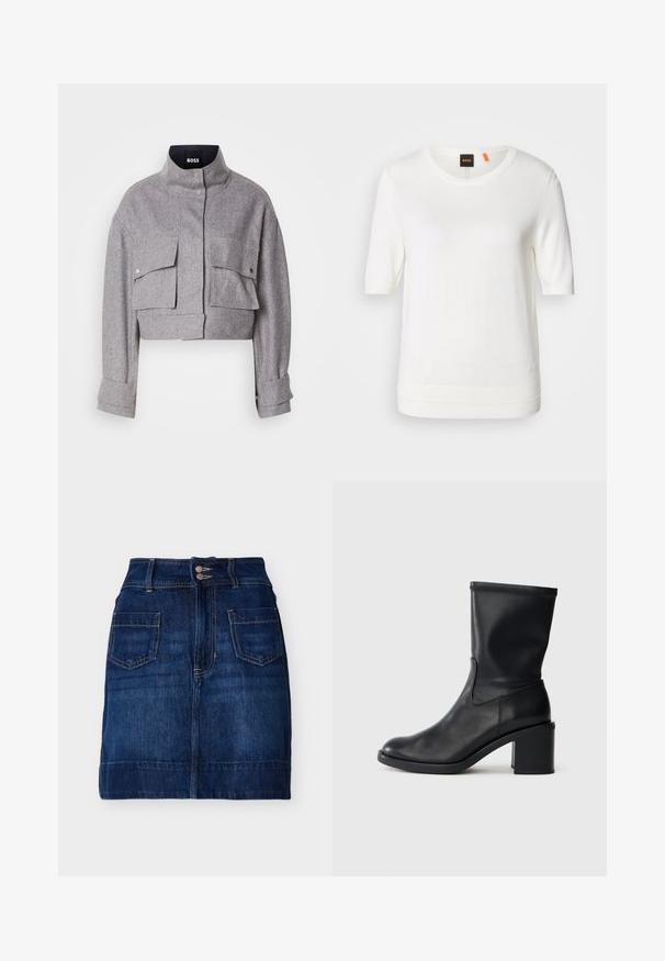 Grau verkürzte Jacke mit hohem Kragen, zwei vorderen Klappentaschen mit Druckknöpfen und langen Ärmeln mit Manschettendetails.; Weißes kurzärmeliges Strickoberteil mit Rundhalsausschnitt, geripptem Saum und weicher Textur. Logostreifen mit orangem Akzent am Kragen.; Dunkelblauer Jeansrock mit vorderen Taschen, doppelter Knopfverschluss, Gürtelschlaufen und sichtbaren Nähten, flach auf einem weißen Hintergrund liegend.; Schwarze Leder-Ankle Boots mit runder Zehenform, glatter Oberfläche und dicker Absatz, ausgestattet mit einem eng anliegenden Schaft und subtilen Nähten.