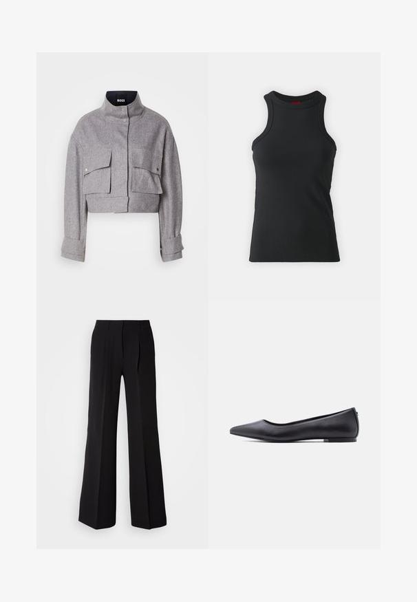Chaqueta gris corta con cuello alto, dos bolsillos frontales con solapa y botón a presión, y mangas largas con detalles en los puños.; Camiseta sin mangas negra hecha de una tela elástica. Presenta un cuello redondo y una silueta ajustada con detalles de costura mínimos.; Pantalones negros de tejido suave, con cintura alta, silueta de pierna ancha y dos pliegues frontales para añadir detalle de diseño.; Zapato plano de cuero negro con punta puntiaguda y tacón bajo, mostrado de perfil contra un fondo blanco.