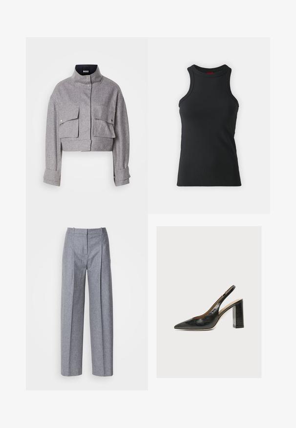 Grau verkürzte Jacke mit hohem Kragen, zwei vorderen Klappentaschen mit Druckknöpfen und langen Ärmeln mit Manschettendetails.; Schwarzes ärmelloses Top aus dehnbarem Material. Mit Rundhalsausschnitt und taillierter Silhouette sowie minimalistischen Nähdetails.; Helle graue weit geschnittene Hosen aus strukturiertem Stoff, mit Falten vorne und einem taillierten Bund. Minimalistisches Design, keine sichtbaren Beschläge.; Schwarzer Leder-Damenslingback-Schuh mit spitzer Zehenpartie und dickem hohem Blockabsatz vor weißem Hintergrund.