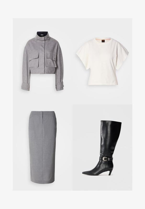 Grau verkürzte Jacke mit hohem Kragen, zwei vorderen Klappentaschen mit Druckknöpfen und langen Ärmeln mit Manschettendetails.; Weißes, kurzes T-Shirt, kurze weite Ärmel, weicher Baumwollstoff, runder Ausschnitt mit subtilen orangefarbenen Akzenten, minimales Design, keine Muster oder Grafiken.; Grauer Bleistiftrock aus strukturiertem Stoff, mit gerader Schnittführung, Rückenschlitz und verdecktem Reißverschluss auf der Rückseite.; Schwarzer Lederstiefel bis zum Knie mit spitzer Zehe und niedrigem Kitten-Absatz, ausgestattet mit einer dekorativen silbernen Schnalle am Knöchel. Glatte Textur.