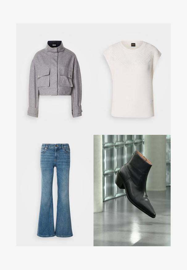 Veste grise courte avec col montant, deux poches avant à rabat avec boutons-pression, et manches longues avec détails de poignet.; Pull sans manches blanc avec un motif texturé dans la partie supérieure et un ourlet côtelé. Présente un col rond et un logo discret sur l'étiquette.; Jean évasé bleu clair en denim, doté de cinq poches, de coutures visibles, et d'une fermeture à bouton et à zip à la taille.; Bottine en cuir noir avec un bout pointu et un talon carré lévitant au-dessus d'un sol gris réfléchissant près d'un mur en blocs de verre.