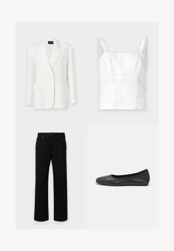 Blazer en lin blanc avec une coupe ajustée, revers crantés, fermeture à un bouton et deux poches avant. Texture lisse et design minimal.; Camisole en coton blanc avec de fines bretelles, ornée de motifs brodés et de découpes. Texture lisse, design ajusté.; Jean noir droit en coton, avec une fermeture à bouton à l'avant, des passants de ceinture et cinq poches. Texture lisse sans motifs.; Ballerines en cuir noir avec un bout rond, texture lisse, détails de couture minimalistes et design de semelle flexible.