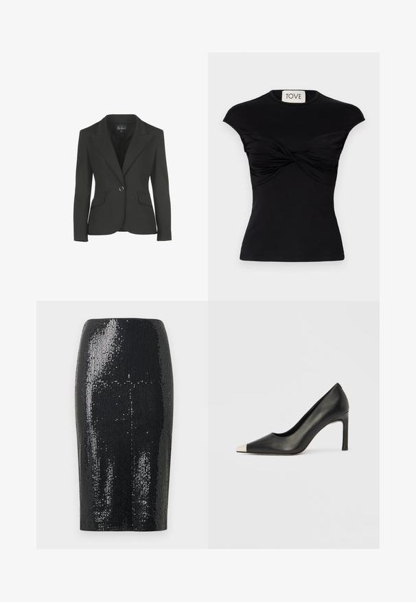 Blazer noir au design cintré, avec un col cranté et deux poches avant. Présente une fermeture à un bouton et une texture de tissu lisse.; Haut noir à manches courtes avec un détail de devant torsadé et une silhouette ajustée. Fabriqué en tissu extensible et lisse. Étiquette : TOVE.; Jupe crayon noire, longueur genou, recouverte de paillettes noires brillantes avec une silhouette lisse et ajustée.; Chaussure à talon haut en cuir noir avec bout pointu et capuchon argenté métallique. Présente une finition lisse et un talon fin de 10 cm.