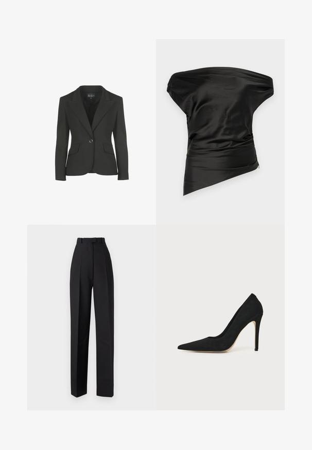 Sort blazer med en tætsiddende pasform, skrå kraver og to forlommer. Har en enkelt knaplukning og en glat stof næring.; STAUD PHARE - Top - black; Sorte højtaljede bukser med plisseringer, der har et skræddersyet design og lige ben. Fremstillet af et glat stof med minimal detaljering.; Sort højhælet stiletpump med spids tå og glat tekstur, vist fra siden på en ensfarvet lys baggrund.