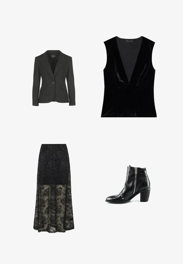 Blazer noir au design cintré, avec un col cranté et deux poches avant. Présente une fermeture à un bouton et une texture de tissu lisse.; Top sans manches en velours noir avec un décolleté en V profond et une coupe ajustée, présentant des coutures horizontales à la taille et une doublure intérieure lisse.; Jupe maxi en dentelle noire avec motif floral et partie inférieure transparente. La taille élastique et la section supérieure unie offrent une texture et un design contrastants.; Bottine en cuir noir avec talon épais, fermeture éclair latérale et clous argentés décoratifs près de la pointe sur fond blanc.