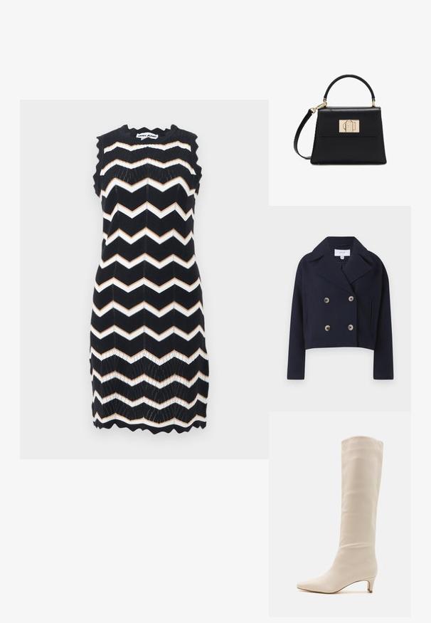Marineblå, cropped, dobbeltknaps jakke med krave, der har to forreste lommer og messingknapper, lavet af et blødt stof.; Ærmeløs sort strikket kjole med hvide og beige zigzag-striber, bølgede kanter og DKNY Jeans-mærke ved nakken.; RAID LAYLA - Høje støvler/ Støvler - off white; Sort læderhåndtaske med tophåndtag, aftagelig skulderrem og gyldent rektangulært spænde på den forreste klap.