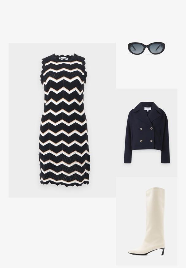 Tüütu mereväe lühikest kahekordset jope kraega, millel on kaks esist pocketit ja pronksnööbid, valmistatud pehmest kangast.; Varrukateta mustast lõngast kleit valgete ja beežide siksaktriipudega, laineliste servadega ja DKNY Jeans sildiga kaelal.; Põlveni ulatuv valge saabas, valmistatud siledast materjalist, terava varba ja õhukese musta kontsaga. Omab puhast disaini ja minimaalset brändimist.; Mustad mustad prillid sujuva plastraamiga, ovalikud objektiivid, mis üleminekul tumedast heledasse halli, ja ümarad servad.