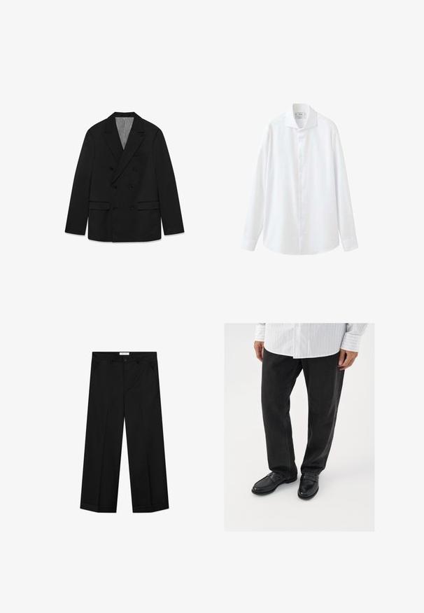Blazer homme noir croisé avec revers à pointe, six boutons, deux poches à rabat et une poche poitrine passepoilée, présenté à plat sur fond blanc.; Chemise blanche à manches longues avec boutons, col pointu et poignets, affichée sur fond blanc.; Pantalon noir à jambes larges en tissu lisse, doté de poches avant, d'une fermeture par bouton et d'un pli marqué sur chaque jambe.; Pantalons en denim noir associés à des mocassins noirs brillants. La chemise est blanche avec de fines rayures verticales, avec des manches longues et un col boutonné.