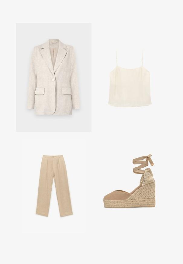 Lys beige linned blazer med notched krave, enkelt knappelukning og to forlommer. Glat tekstur med en skræddersyet pasform.; Flødefarvet ærmeløs camisole-top med tynde justerbare stropper og en lige halsudskæring på hvid baggrund.; Beige linnedybukser med høj talje, bred pasform og frontfolder. Glat tekstur og minimalistisk design. Ingen synlige lommer eller metaldele.; Beige lærred kile-espadrille med flettet jute-platform og snørebånd om anklen, med vævet hælkappe.