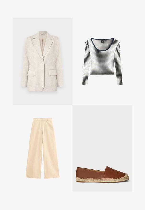 Lys beige linned blazer med notched krave, enkelt knappelukning og to forlommer. Glat tekstur med en skræddersyet pasform.; Hvid langærmet skjorte med smalle marineblå vandrette striber og marineblå kant rundt om rund halsudskæring, med lille guldlogo nær kanten.; Beige bredde benbukser lavet af letvægtsstof. Har en høj talje, lynlås lukning og forlommer. Glat tekstur med en subtil glans.; Brune læder espadrille flade sko med en vævet jutesål, rund tå og prægede detaljer på overdelen. Glat tekstur med sammenhængende design.