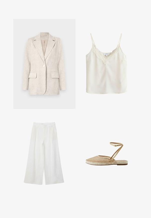 Lys beige linned blazer med notched krave, enkelt knappelukning og to forlommer. Glat tekstur med en skræddersyet pasform.; Kremfarvet ærmeløs camisole med tynde stropper og blonder langs V-udskæringen, vist på en ensfarvet baggrund.; Hvide bukser med vide ben, høj talje og læg, med sidelommer og bæltestropper.; Next FOREVER COMFORT - REGULAR FIT - Ballerinasko m/ skaft - cream