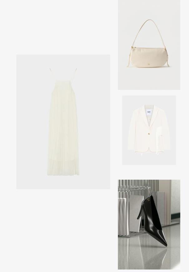 Roomkleurige single-button blazer met ingesneden revers en witte franjes langs de rechterkant vlakbij de zoom.; Lange, witte mouwloze jurk met dunne schouderbandjes en een vloeiende, geplooide rok op een effen achtergrond.; Zwart hooggehakt schoen met puntige neus en gouden logo, geplaatst op een reflecterend oppervlak naast een verchroomde draadordner met documenten.; Crèmekleurige kleine schoudertas met een enkele schouderband, ritssluiting en subtiel gouden merklogo aan de voorkant.