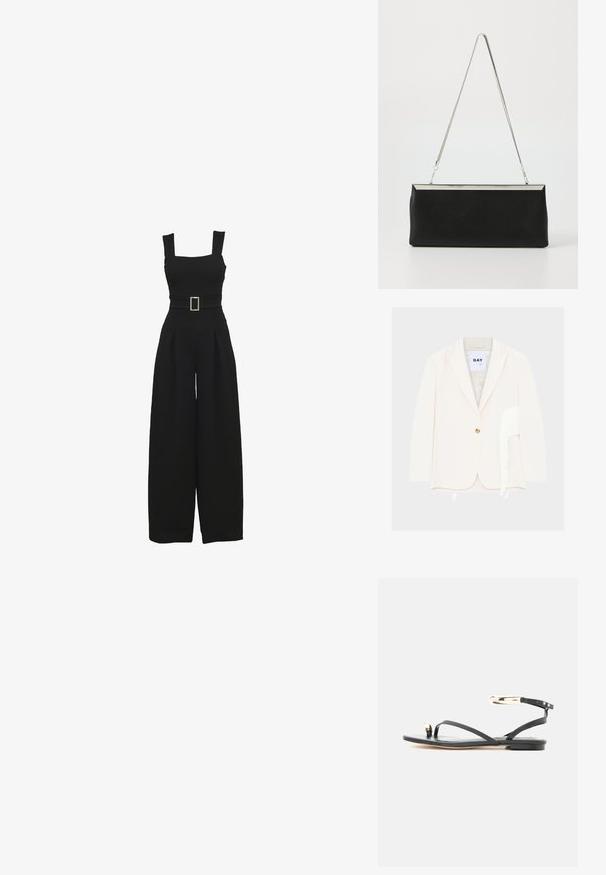 Roomkleurige single-button blazer met ingesneden revers en witte franjes langs de rechterkant vlakbij de zoom.; Zwarte jumpsuit met een vierkante halslijn, wijde pijpen en een getailleerde taille met een rechthoekige metalen gesp. Soepele stoftextuur.; Zwarte platte sandaal met dunne bandjes, een gouden tehenring-detail en een verstelbare enkelband met gouden accenten.; Zwarte leren clutch met een zilveren metalen kettinghandvat en een strakke rechthoekige vorm. Matte textuur en minimalistisch ontwerp met een metallic accent.