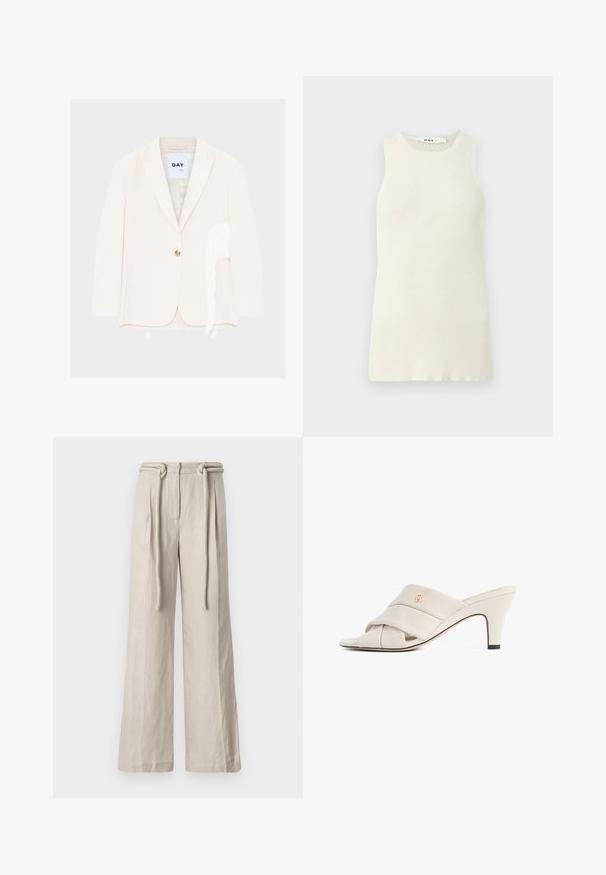 Roomkleurige single-button blazer met ingesneden revers en witte franjes langs de rechterkant vlakbij de zoom.; Mouwloze crèmekleurige tanktop van ribstof, met een ronde halslijn en een aansluitend ontwerp. Geen zichtbare patronen of accenten.; Wijde broek in lichtbeige linnen met een hoge taille, voorplooien en een strikriemdetail. Soepele textuur en een ontspannen pasvorm.; Beige hoge hakken mules met een gedraaide lederen band, open teen en een reliëf logo-accent. De hak heeft een zwarte puntdetail.