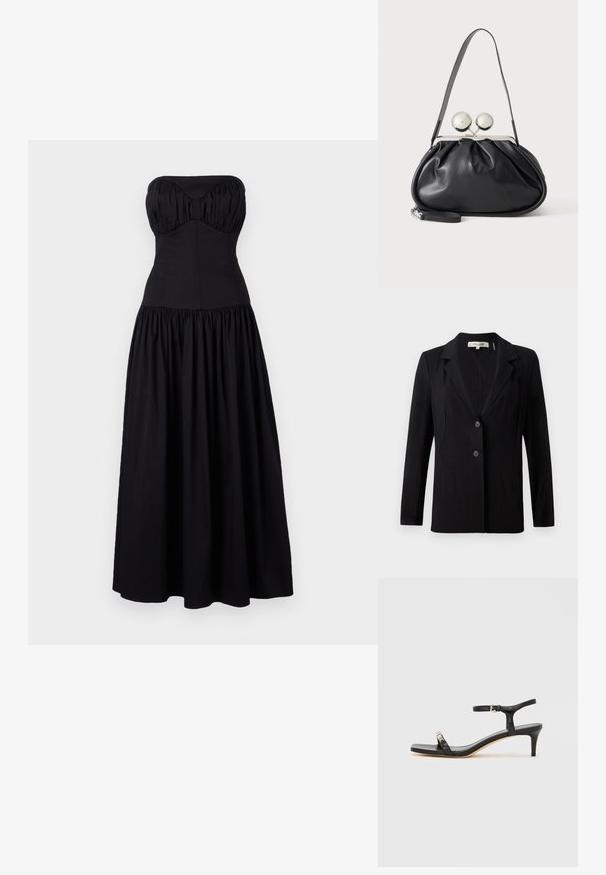 Schwarze Blazer mit Reverskragen, zwei vorderen Knöpfen und tailierten Nähten. Aus glattem Stoff mit langen Ärmeln und einer strukturierten Passform gefertigt.; Schwarzes, trägerloses Maxikleid mit tailliertem Oberteil und gerafftem Rock. Hergestellt aus glattem Stoff, mit herzförmigem Ausschnitt und Rüschendetails.; Schwarze Leder-Sandale mit Absatz und Knöchelriemen, offenem Zehenbereich, quadratischer Vorderseite und silbernen Metallakzenten. Eng anliegendes Design mit schlanker Silhouette.; Schwarze Ledertasche mit gerafftem Design, einem einzelnen Riemen, silbernem Metallrahmen und zwei großen runden silbernen Verschlüssen.