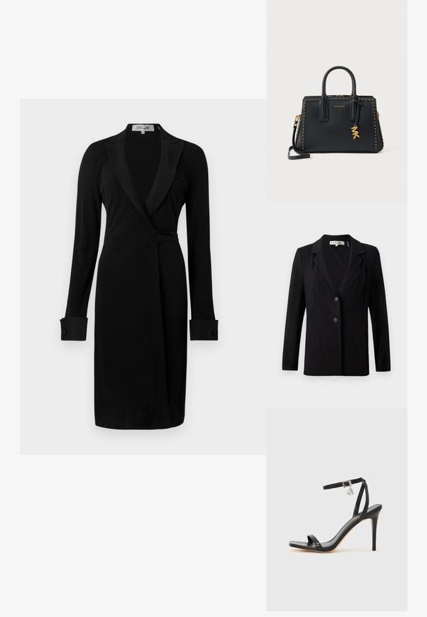 Zwarte blazer met een notch-kraag, twee knopen aan de voorkant en getailleerde naden. Gemaakt van een gladde stof met lange mouwen en een gestructureerde pasvorm.; Zwarte wikkeljurk met lange mouwen, sjaalkraag en met knopen gesloten manchetten. Gemaakt van gladde stof, met een aansluitend silhouet en gestroomlijnd ontwerp.; Zwarte sandaal met hoge hak, smalle enkelband, vierkante neus, soepel leermateriaal en metalen gespsluiting.; Zwarte leren Michael Kors handtas met dubbele handvatten, afneembare schouderriem, gouden studs langs de randen en een gouden MK-logo hanger.