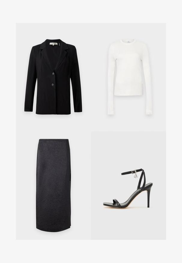 Blazer noir avec un col cranté, deux boutons à l'avant et des coutures ajustées. Fabriqué en tissu lisse avec des manches longues et une coupe structurée.; T-shirt à manches longues blanc en coton doux. Il présente un col rond, une silhouette ajustée et une texture lisse. Pas de motifs ni d'accents.; Jupe noire mi-longue avec une texture froissée, coupe droite et fente sur le côté. Le tissu semble léger. L'ourlet est légèrement arrondi.; Sandale à talon haut noire avec une bride étroite à la cheville, bout carré, cuir lisse et accent de boucle métallique.