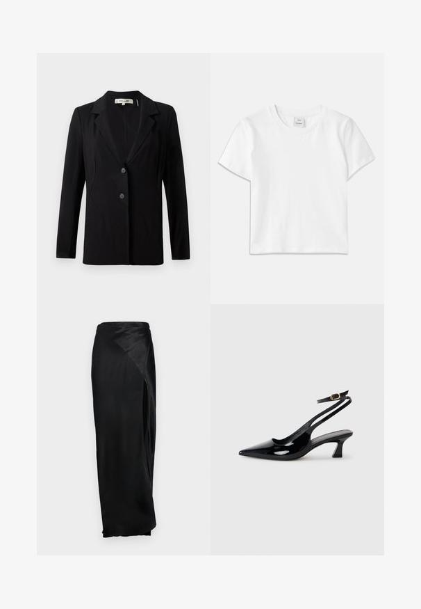 Blazer noir avec un col cranté, deux boutons à l'avant et des coutures ajustées. Fabriqué en tissu lisse avec des manches longues et une coupe structurée.; T-shirt en coton blanc avec un col rond, des manches courtes et un ourlet droit. Étiquette marquée "Won Hundred" au centre de l'encolure.; Jupe maxi en satin noir avec une fente sur le côté, texture lisse et design drapé. Présente une taille haute et une silhouette fluide.; Escarpins à brides arrière en cuir verni noir, à bout pointu, avec un petit talon carré et une sangle de cheville ajustable dotée d'une boucle dorée.