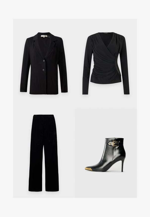 Sort blazer med slagkrave, to forreste knapper og skræddersyede sømme. Lavet af glat stof med lange ærmer og en struktureret pasform.; Sort langærmet top med indpakningsdesign, der har draperet stof og samlet detaljering i siderne. Glat tekstur, enkelt udskæring.; Sorte brede bukser med elastisk talje og blødt fløjl, præsenteret mod en ensfarvet lys baggrund.; Sort ankelstøvle lavet af skinnende læder med spids tå, stilet hæl og guldfarvet hardware med en dekorativ spænde-detalje.