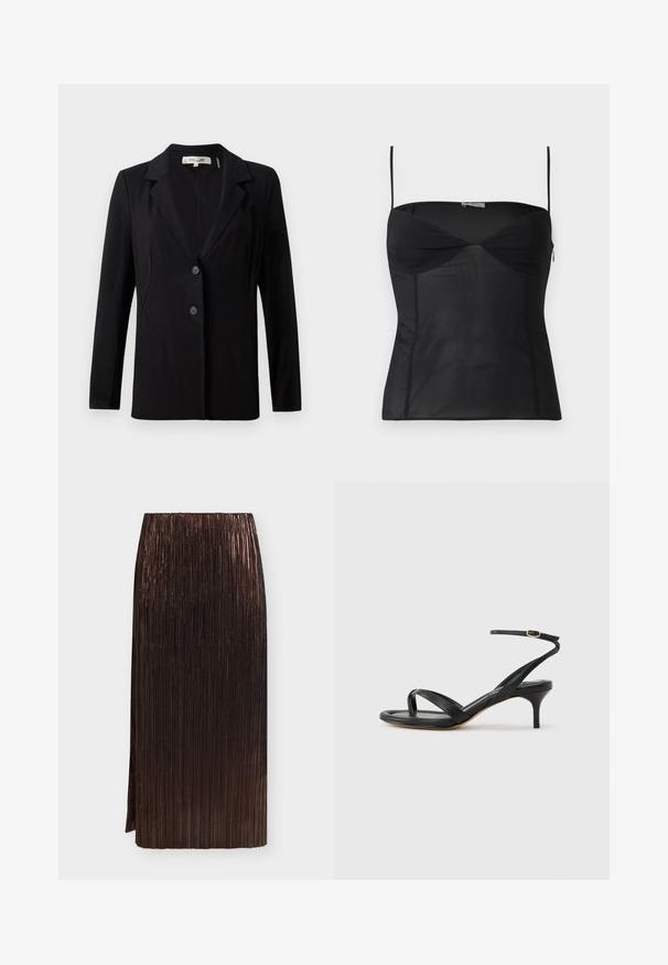 Blazer noir avec un col cranté, deux boutons à l'avant et des coutures ajustées. Fabriqué en tissu lisse avec des manches longues et une coupe structurée.; Haut noir ajusté sans manches avec fines bretelles, encolure en cœur et détails de coutures sur un fond blanc uni.; Jupe midi plissée métallisée brun foncé avec taille haute et fente latérale sur un fond clair uni.; Sandale pour femme en cuir noir avec fines lanières, une boucle d'orteil, une boucle à la cheville et un talon aiguille de hauteur moyenne sur un fond neutre.