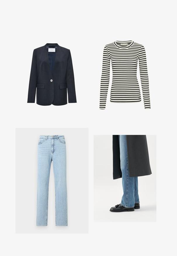 Donkerblauwe blazer met een geknopt kraag, sluiting met één enkele knop aan de voorkant, twee voorzakken en een gladde textuur. Minimalistisch ontwerp.; Zwart-witte gestreepte langekleding met een geribbelde textuur en een ronde halslijn. Heeft een klein logo op de onderkant van de voorkant.; Lichtblauwe rechte spijkerbroek met voorzakken, riemlussen en een knoop- en ritssluiting.; Zwarte leren instappers met kwastjes, gedragen met lichtblauwe rechtlopende jeans, aangevuld met een donkergrijze jas. Schone lijnen en textiel met structuur.