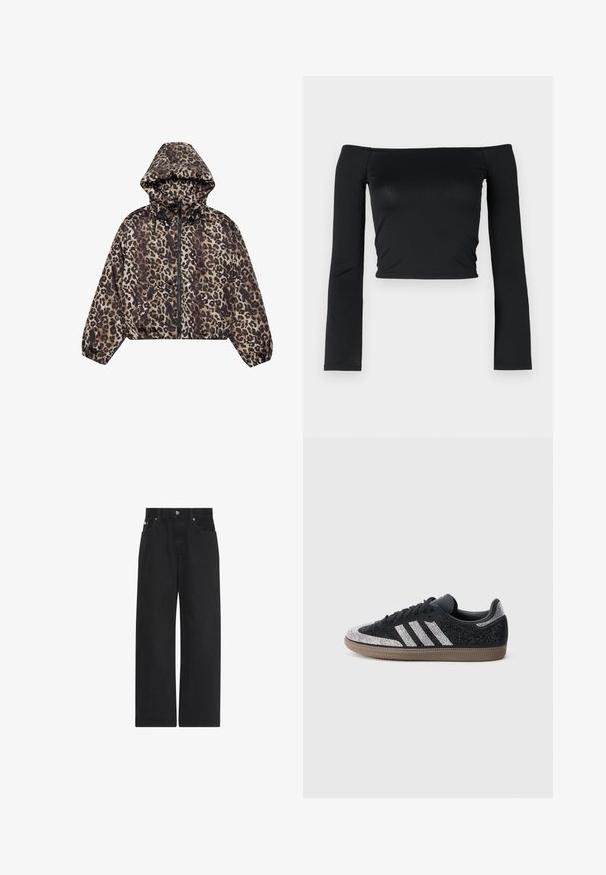 Veste crop en imprimé léopard dans des nuances de marron et de beige, dotée d'une capuche, d'une fermeture zippée et de poignets et d'un ourlet élastiques.; Top noir court avec des manches longues ajustées et un décolleté off-shoulder, fabriqué en tissu doux et lisse. Design simple et ajusté au corps.; Jean noir à jambes larges avec cinq poches, passants de ceinture et fermeture avant par bouton et zip.; Baskets noires avec des accents argentés étincelants et trois bandes blanches. Comprend un design bas, une tige texturée et une semelle en caoutchouc marron.