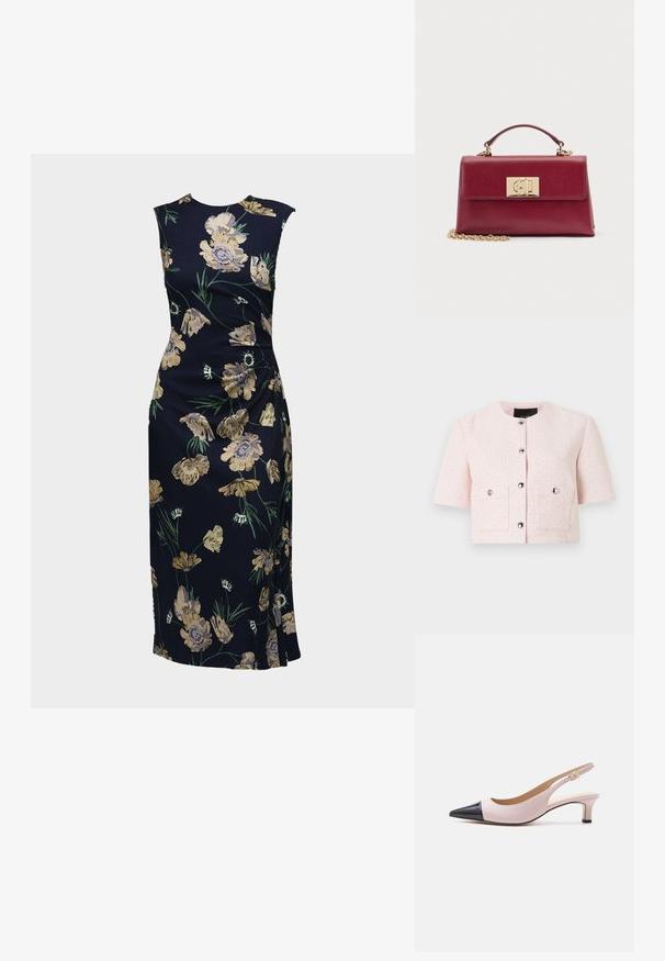 Veste texturée rose clair à manches courtes avec encolure ronde, boutons argentés sur le devant et deux poches à rabat avec fermeture par bouton.; Robe midi moulante sans manches bleu foncé avec un imprimé floral jaune et vert, détail fente sur le côté et encolure ronde.; Chaussure à talon chaton à bride arrière bicolore beige et noir, avec bout pointu et petite boucle dorée, sur fond blanc.; Sac à main en cuir rouge foncé avec poignée supérieure, fermoir doré au centre et une bandoulière chaîne dorée reposant devant sur fond blanc.